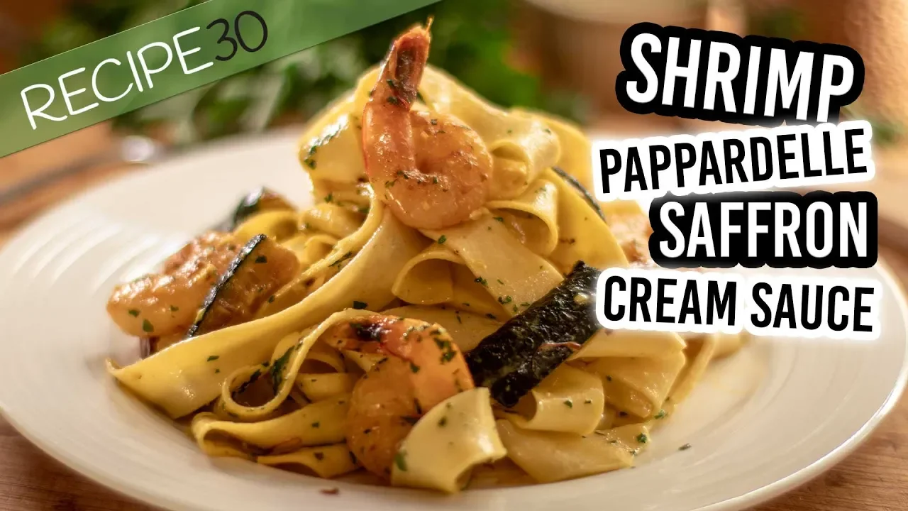 Saffron Shrimp Pappardelle pasta in a cream sauce