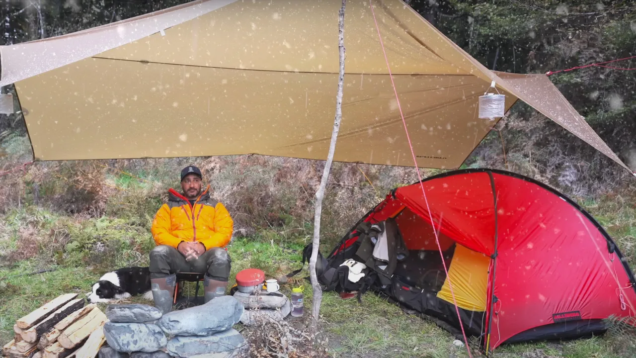 CAMPING in the RAIN and SNOW - Tent - FREEZING - Dog - ASMR