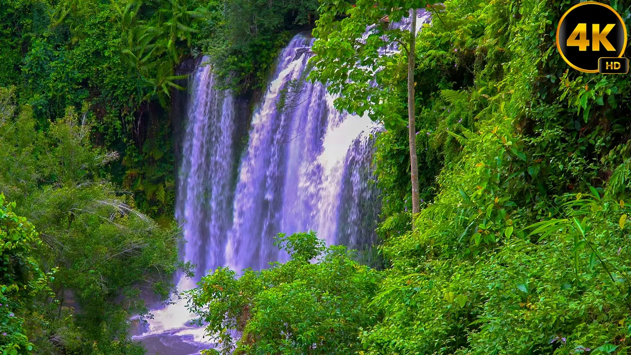 Real video 4K in the most beautiful kulen waterfall, Relaxing piano music for sleep, Meditation, Yog