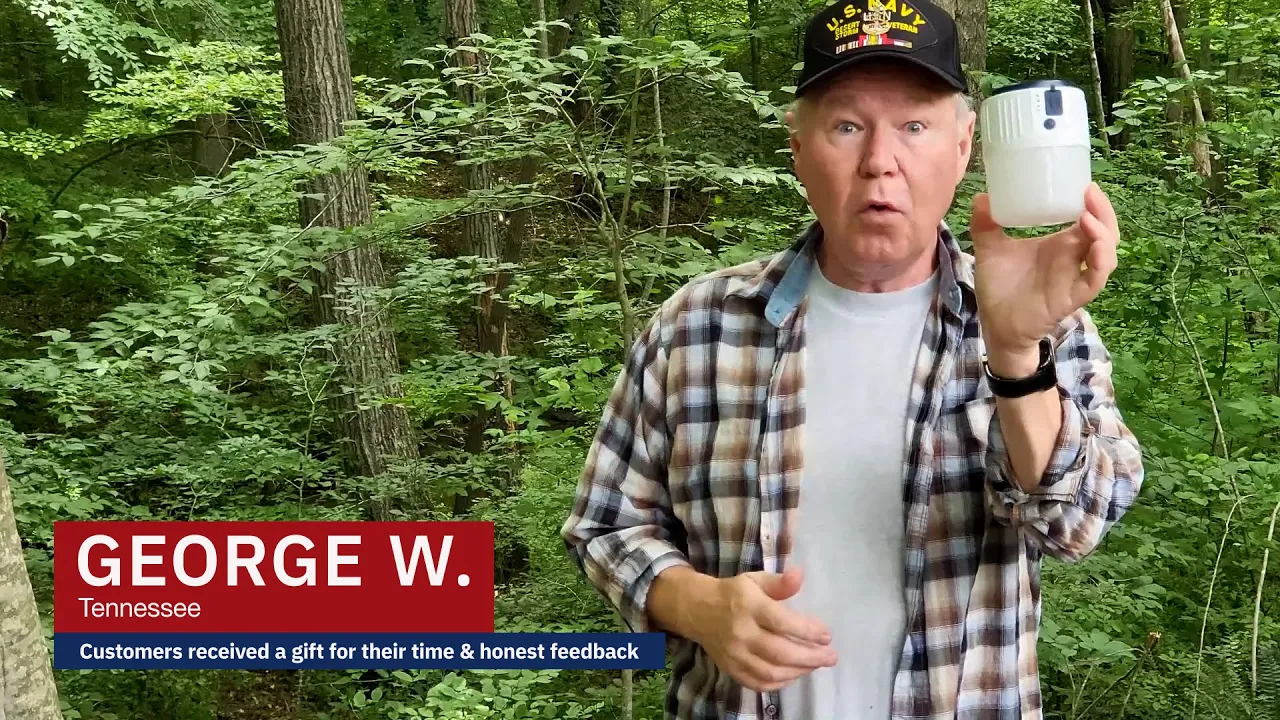 Sam K. from Texas shares a testimonial outdoors in his garden, holding a compact 4Patriots survival lantern with a digital display. The video thumbnail highlights the lantern as a tiny survival powerhouse.