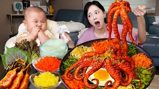 독박육아 불낙지 비빔밥 먹방 (ft.HARU) Spicy Octopus Rice Bowl with HARU ASMR Ssoyoung