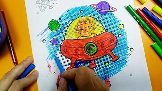 Space coloring pages for kids Alien Cat in Spaceship coloring pages for kids Rocket learn colors
