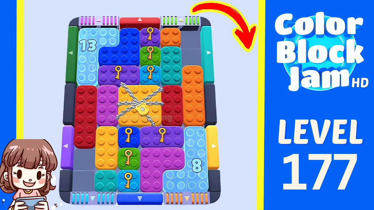 Color Block Jam Level 177 2:45 board with central chained yellow 2x2 and pale-blue counters 13 and 8 opening frame