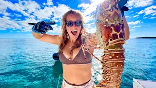 We’re BACK! MONSTER Lobster Catch Clean Cook Living on our Boat in The Bahamas!