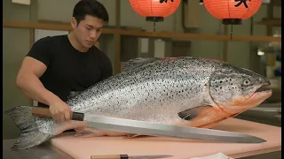 Master Sushi Chef's Flawless Salmon Cutting Technique for Nigiri & Sashimi