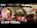 Huge inferno engulfs cargo ship \u0026 sparks EXPLOSION at LA port as 'major emergency' declared