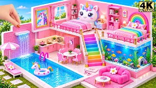 🦄💦 Build Pink Crystal Unicorn House with Waterfall Pool & Giant Fish Tank ❤️ | DIY Miniature House