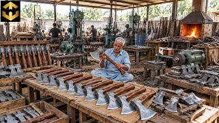 How Damascus Steel AXES Are Made in a Factory | Traditional Forging Process | Axe Mass Production