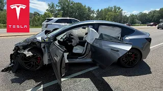 SLEEPING DRIVER SLAMS HEAD-ON INTO TESLA!
