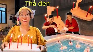 Thả đèn tự làm trong hồ bơi và cái kết / Bắp Vlog