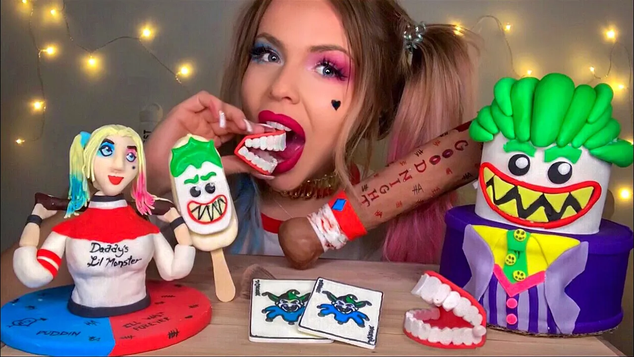 ASMR EDIBLE HARLEY QUINN, LEGO JOKER CAKE, MAGNUM ICE CREAM, JOKER CARDS, CHOCOLATE BAT MUKBANG 먹방