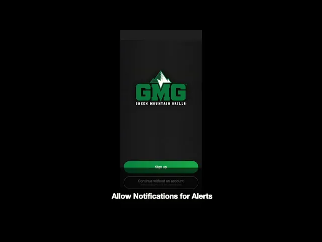 Green Mountain Grills app login screen with logo, options to sign up and allow notifications for alerts.