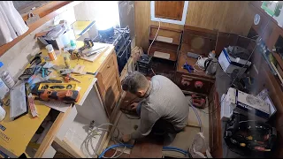Ep18 Hallberg Rassy Rasmus 35 Installing new oak galley countertop on sailboat testing marine stereo