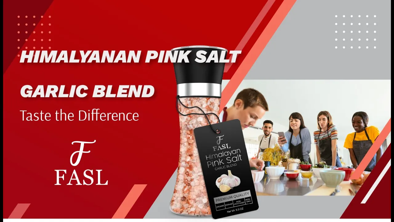 Fasl Himalayan Pink Salt & Garlic. Premium Blend With Refillable Glass Grinder