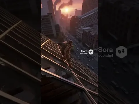 A man precariously descends from a ruined city building.