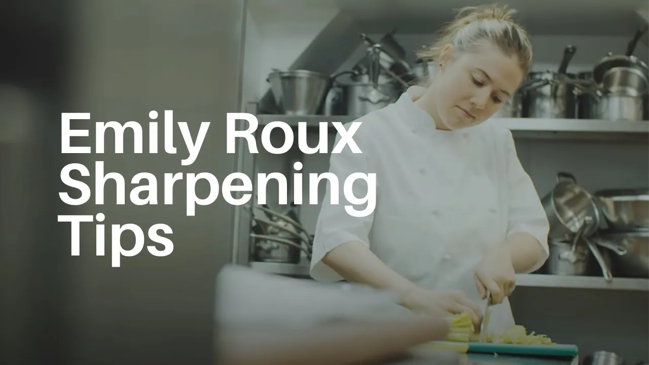 GLOBAL knife maintenance. Professional chef Emily Roux demonstrates  knife sharpening techniques showing how to use a whetstone, sharpening steel and pull-through sharpener. Knife sharpening tips include demonstrating the correct angle and technique for home cooks.