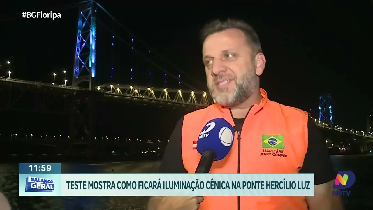 Iluminação cênica na Ponte Hercílio Luz: teste impressiona em Florianópolis