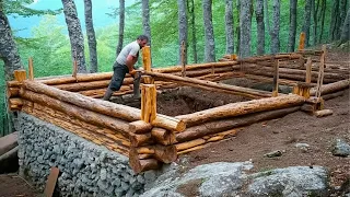 Two Men Build House with LOGS and STONES in the Forest | Start to Finish by @lesnoy