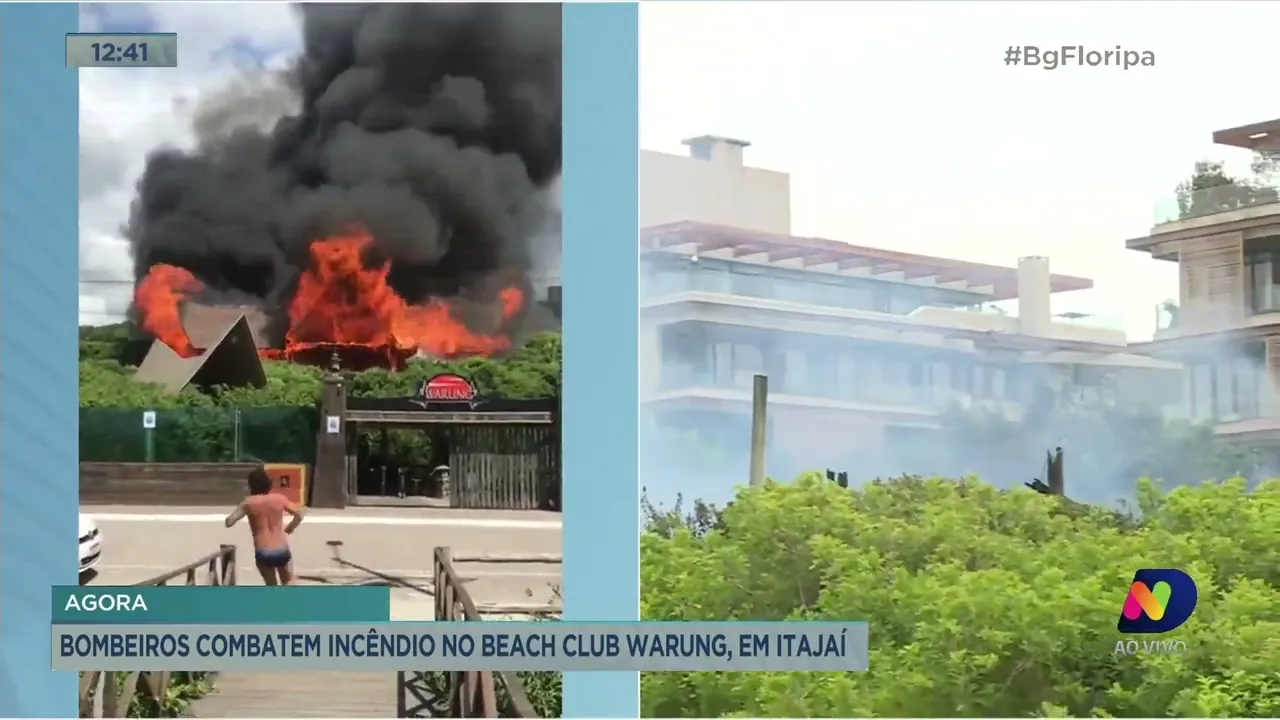 Bombeiros combatem incêndio no beach club Warung, em Itajaí