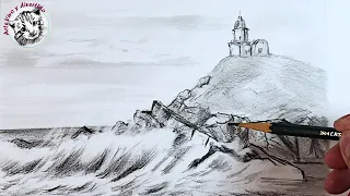 Como dibujar un Paisaje con Lapiz con Rompeolas y un Faro muy fácil paso a paso