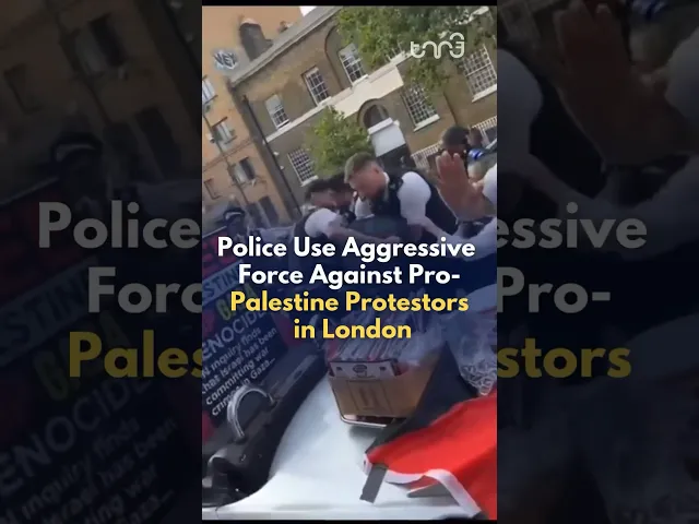 Police use aggressive force and arrest a pro-Palestine protester during a demonstration in London.