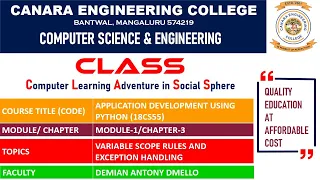 VTU ADP 18CS55 Application Development using Python Variable Scope and Exception Handling M1 L9