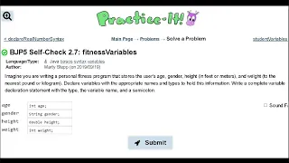 Java Practice-it Primitive Data and Definite Loops Self-Check 2 7 fitnessVariables