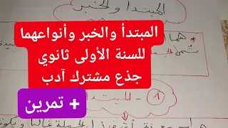المبتدأ والخبر وأنواعهما للسنة الأولى ثانوي جذع مشترك آدب وعلوم مع تمرين لتسهيل الفهم للتلاميذ 