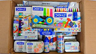 Unboxing doms stationery items - plastic crayons, colour pencils, poster colour, acrylic colour etc