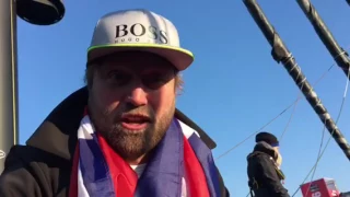Alex Thomson at the finish of the Vendée Globe 2017