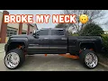 NFL Player CRAZY REVIEW HUGE lifted GMC on Tangerine CHROME FTS lift Lifted Trucks Bloopers