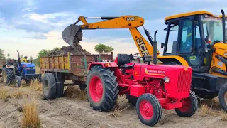 JCP and Tractor Videos | JCB stunt with Swaraj 744 FE stuck fully loaded trolley pulling