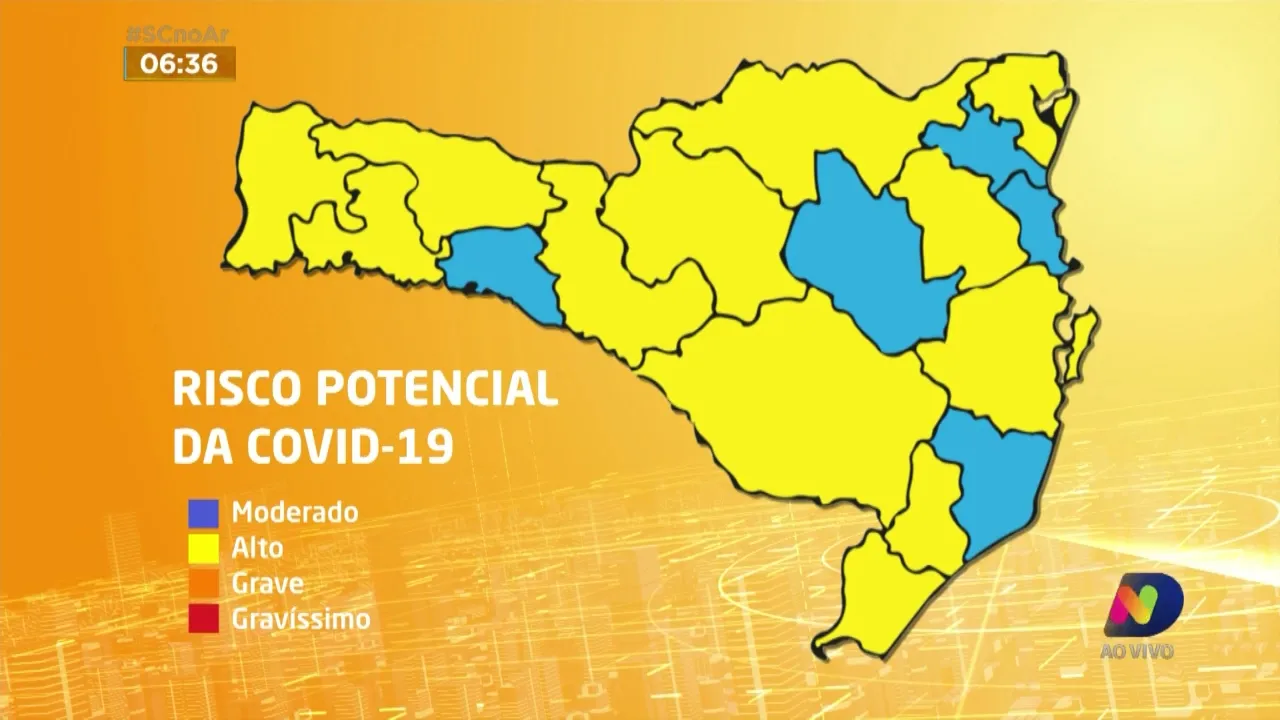 Mapa de risco: SC tem cinco regiões em nível moderado e 12 em nível alto para a Covid-19