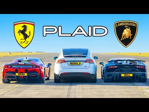 Download MP3 Tesla Model X PLAID v Ferrari SF90 v Lambo SVJ: DRAG RACE