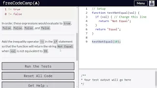 Comparison with the inequality operator - freeCodeCamp 63 Basic JavaScript
