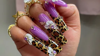 2xl Purple Hand made Cheetalicious Nail design start to finish