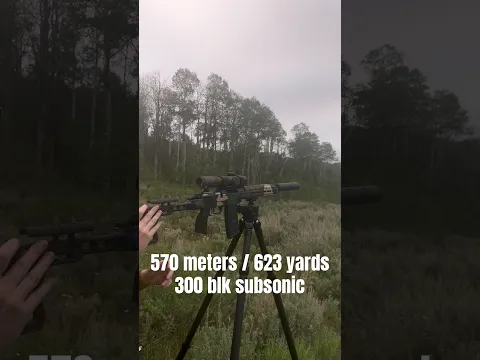 570 meters / 623 yards. 11” 300blk subsonic. Ruger American in a GMCS chassis with Dead Air Wolfman