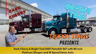 Dark Cherry Bright Teal 2027 Peterbilt 567 with 80 inchPlatinum Sleeper and 18 Speed Eaton Auto