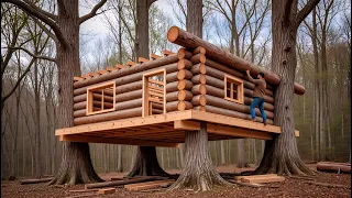 Man Builds 2 Insane Treehouses Between Giant Oak Trees Solo Bushcraft In The Forest AlexKor16 