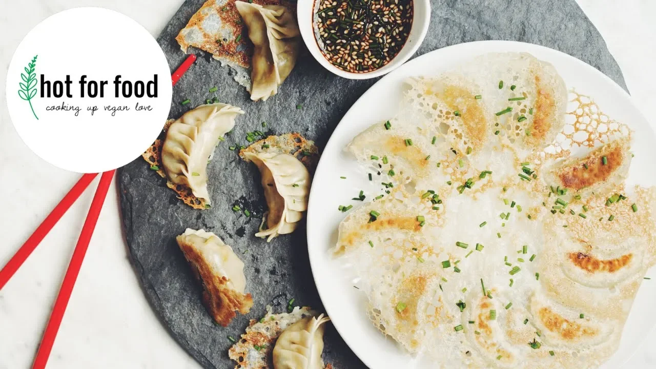 vegan Chinese potstickers with a lacy skirt   hot for food