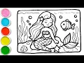 How to Draw Color Cute Mermaid Underwater Mermaid Coloring Page for Kids