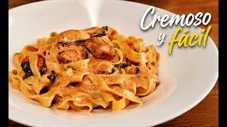 Pasta con salsa cremosa de mejillones. Fácil, rápida y deliciosa