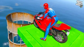 Spider-Man on a Motorcycle in the Ultimate Parkour Challenge! 🚀​🔥​ | GTA V Stunt