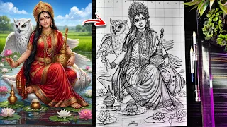 Maa Laxmi Drawing Outline❤️🩹, How To Draw Maha Laxmi With Owl🦉, Lokkhi Thakur Drawing Step By Step