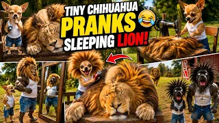 Tiny Chihuahua Prank On Sleeping Lion  Goes Wrong ! 🦁😂