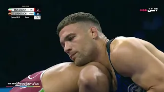 مسابقات کشتی فرنگی قهرمانی جهان نیمه نهایی وزن ۹۷ کیلوگرام هادی ساروی از ایران مقابل ماسکویچ بلاروس 