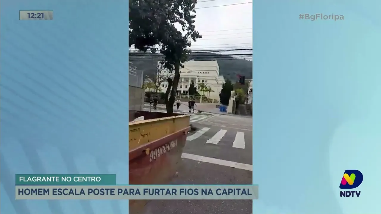 Flagrante em Florianópolis: homem escala poste para furtar fios