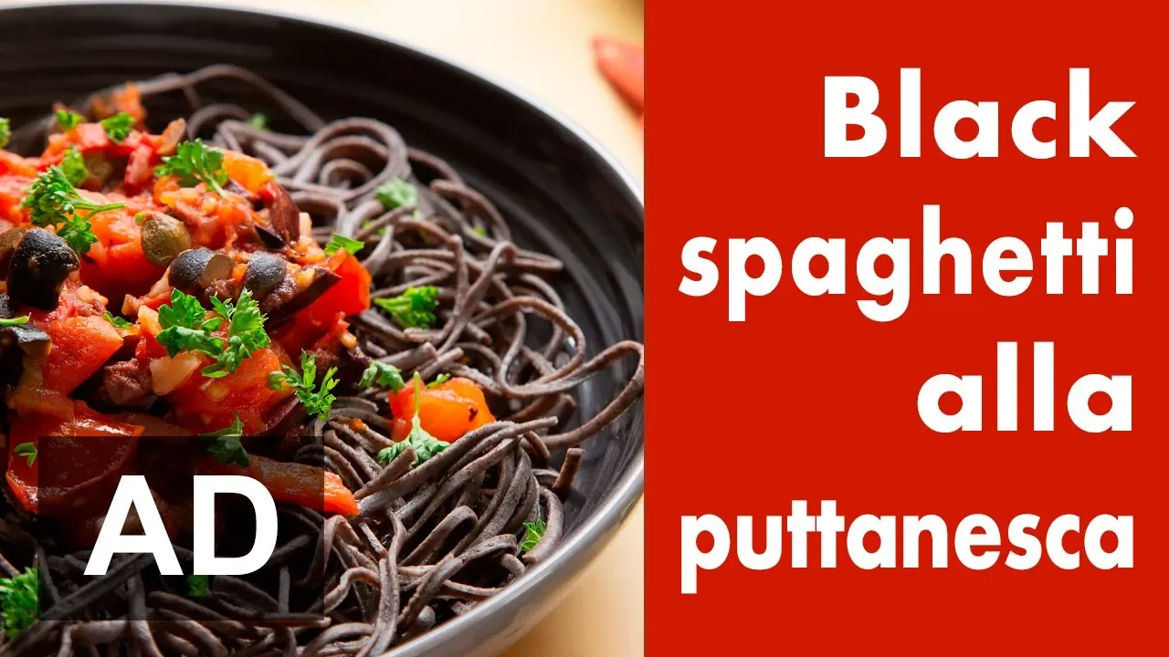 (ad) Spaghetti alla puttanesca with black bean spaghetti