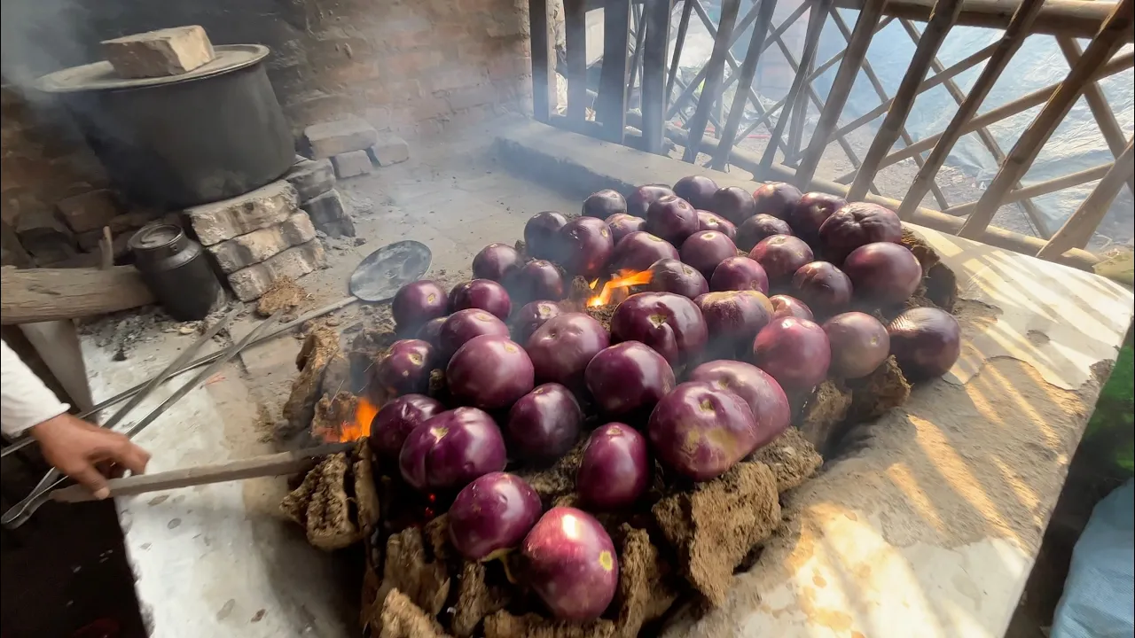 Cooking Giant Eggplants Over Cow Dung Cakes   Street Food