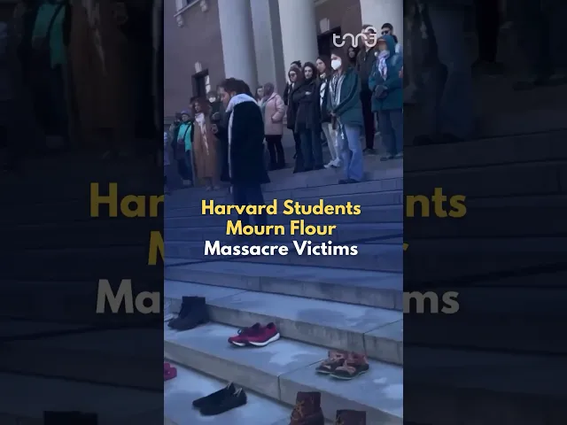 ⁣Harvard students place empty shoes on steps to remember Palestinians killed by Israeli Forces. #news